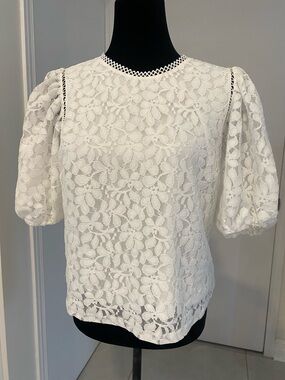 LAUNDRY by Shelli Segal White Lace Puff-Sleeve Women’s Top Size Small